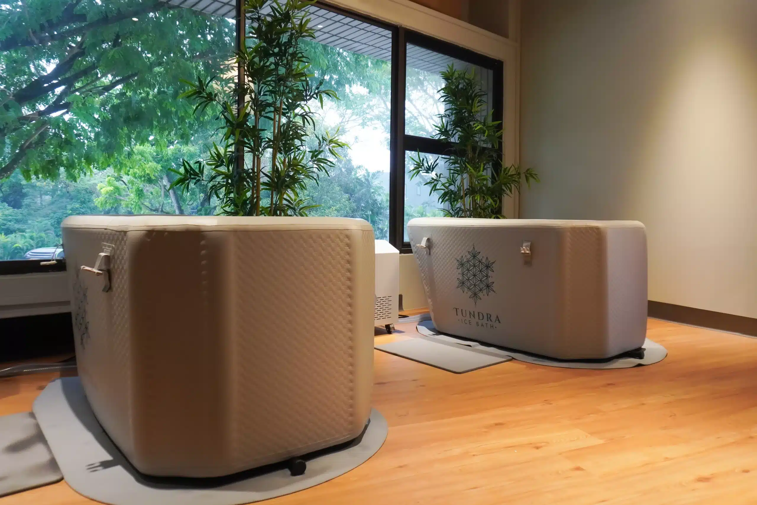 Two Tundra Ice bath tubs with artificial bamboo between them. The glass is slightly foggy due to the heat from the tubs which contributes to an aesthetic photo