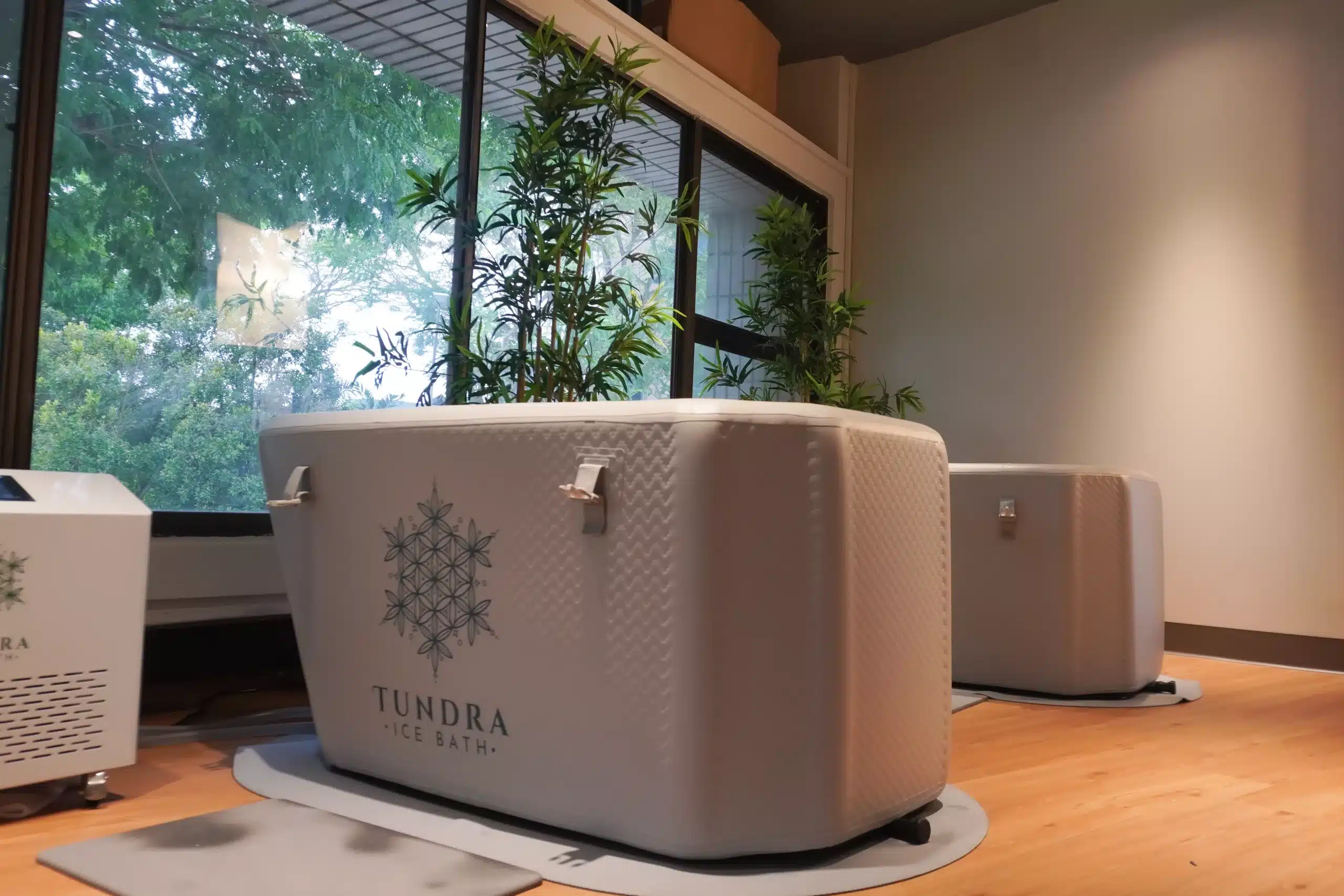 Two Tundra Ice bath tubs with artificial bamboo between them. A water pump is seen within the photo but is slightly out of frame.
