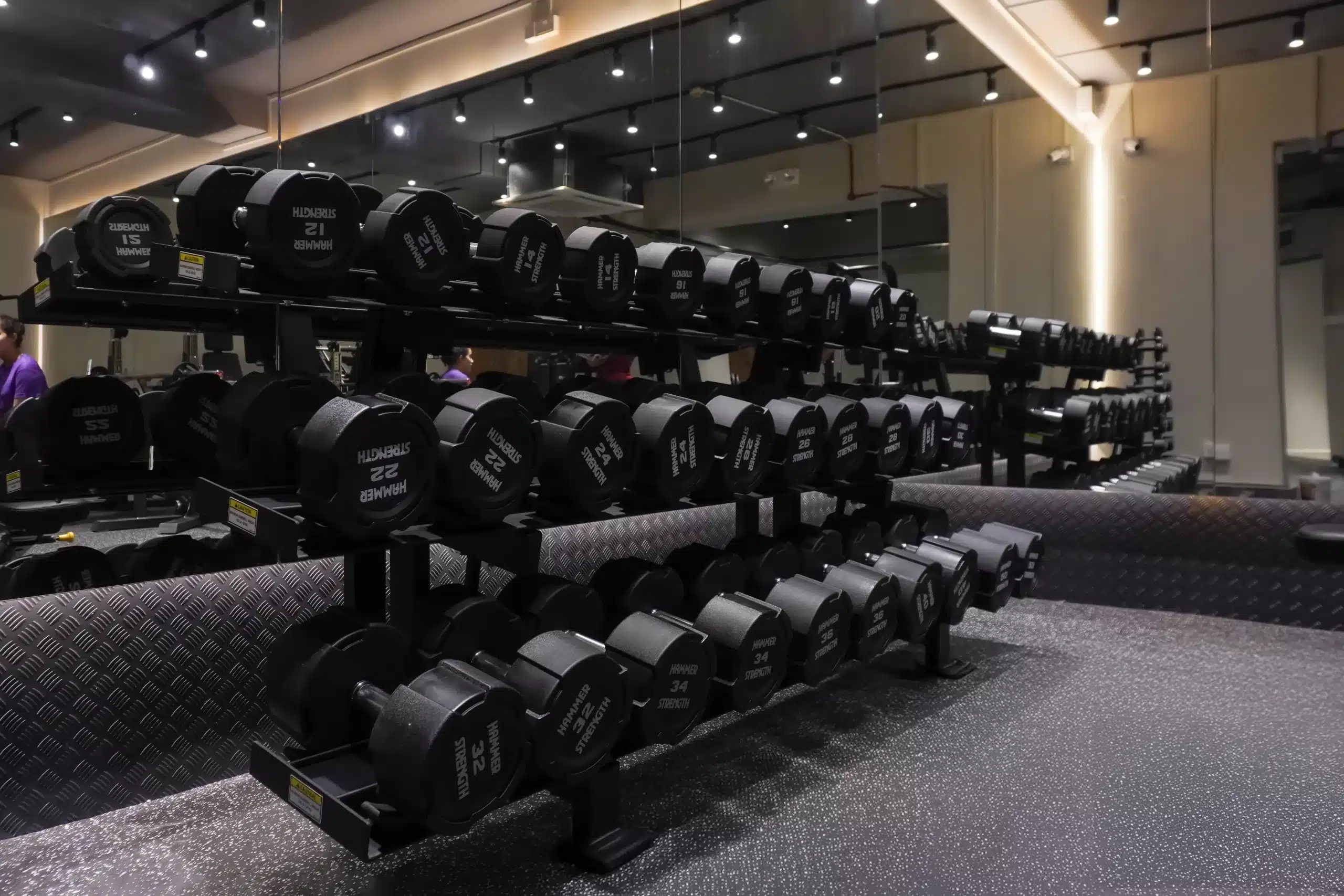3 rows of dumbbells from 12kg to 50kg located at ReFormd Sixth Avenue